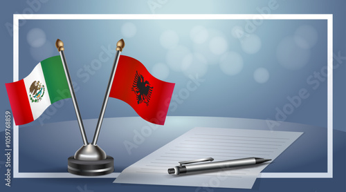 Mexico and Albania Small national flag on bokeh background, cooperative relationship