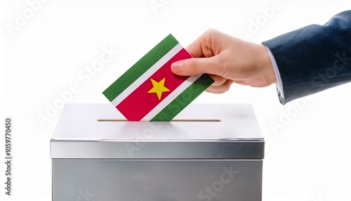 スリナムの国旗の投票用紙を投票する手と投票箱。選挙。(Hand and ballot box voting a ballot paper with the Suriname flag on it. election.)
 photo