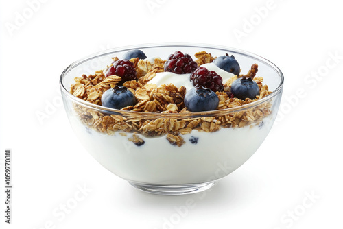 Bowl of granola topped with yogurt and fresh berries on a rustic wooden table in soft morning light.
