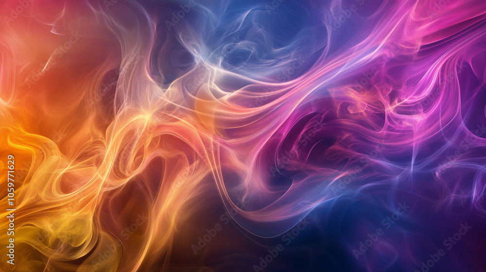 Fototapeta premium An abstract composition of flowing, colorful smoke-like wisps in shades of purple, pink, orange, and blue.