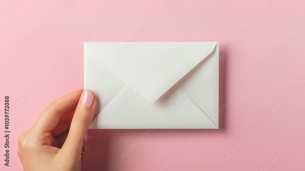Fototapeta premium A hand is holding a simple white envelope against a soft pink background, creating a minimalist and modern aesthetic.