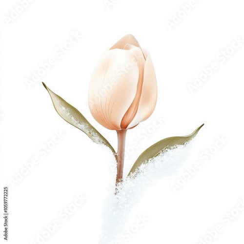 Elegant Tulip Blossom Emerging Through Snow with Graceful Petals and Delicate Leaves