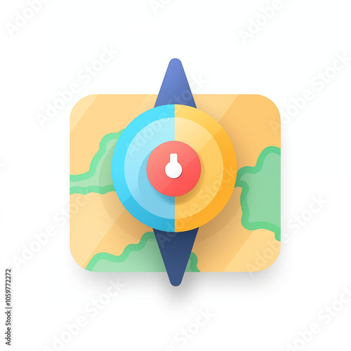 Colorful cartoon compass design illustrating navigation features on a geographical map background