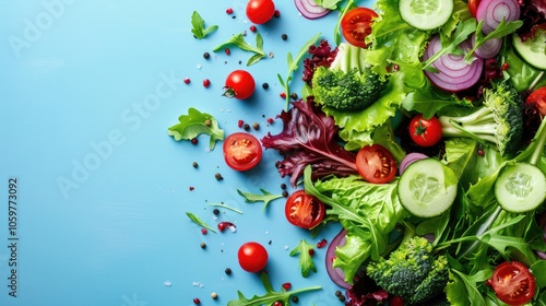 Fresh vegetable salad on blue background with copy space