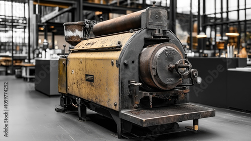 Vintage industrial coffee roaster machine with rust and wear in a modern interior, showcasing historical industrial design and technology.