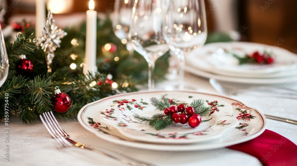 Table set for Christmas dinner with candle, festive decorations, elegant plates, glasses, and cutlery. Table set for Christmas dinner with candle, festive decorations, elegant plates, glasses, and cutlery.