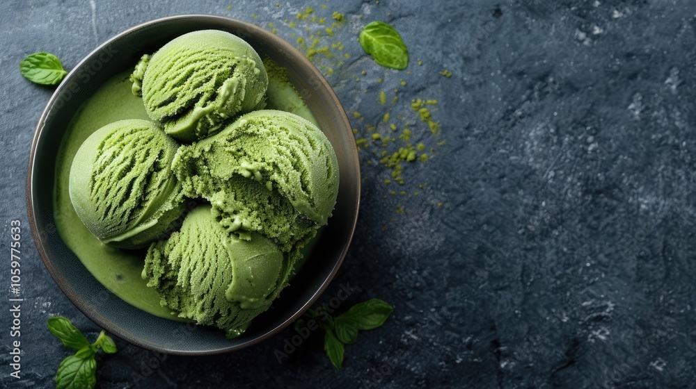 Obraz premium Matcha ice cream in bowl on stone background with space for text.