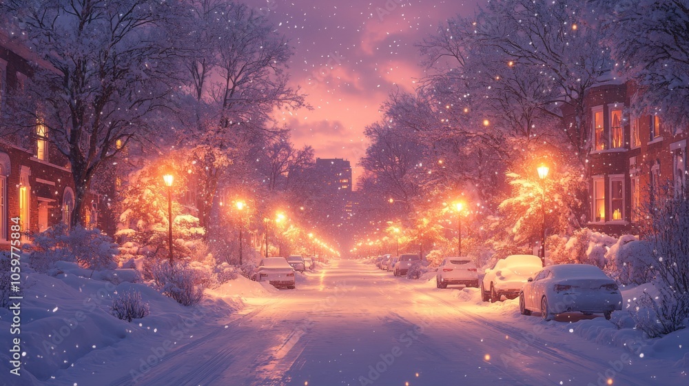 Obraz premium Snowflakes gently fall on a quiet suburban street, illuminated by warm street lamps. Trees are blanketed in white, creating a peaceful winter atmosphere.