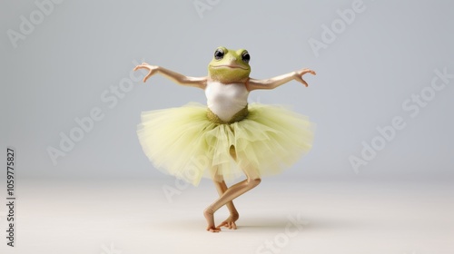 Funny image of a frog wearing a yellow tutu and standing on tiptoe like a ballerina.