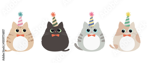 Cute kitten wearing a party hat vector illustration. Cat in different color  in flat style design isolated. Birthday party.
