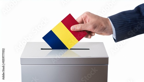 チャドの国旗の投票用紙を投票する手と投票箱。選挙。(Hand and ballot box voting a ballot paper with the Chad flag on it. election.)
 photo