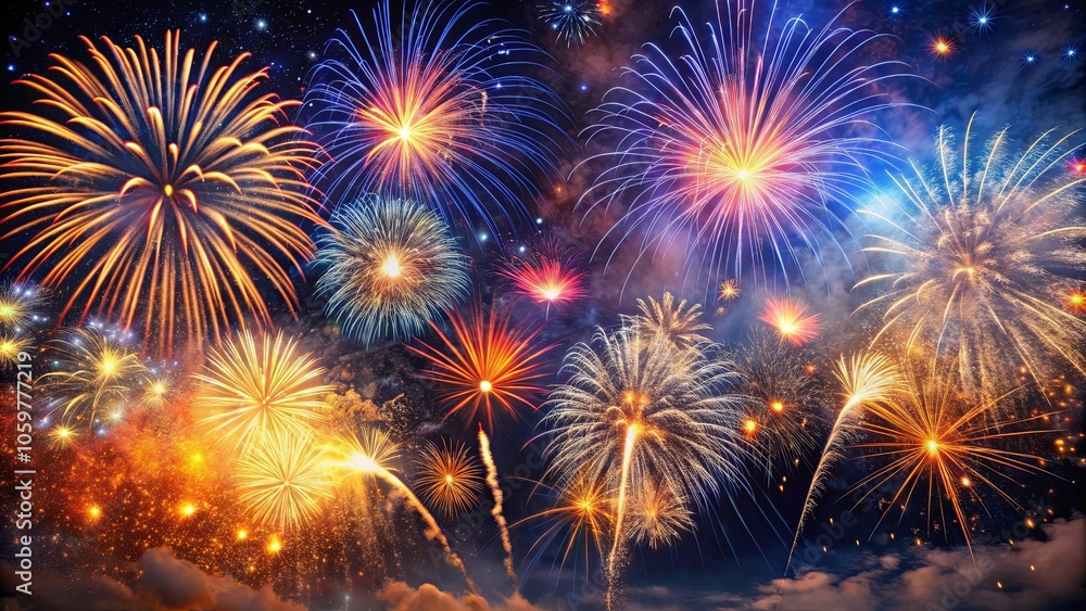 A symphony of vibrant bursts illuminating a dark canvas, each firework a brushstroke of color against the starry night. A symphony of vibrant bursts illuminating a dark canvas, each firework a brushstroke of color against the starry night.