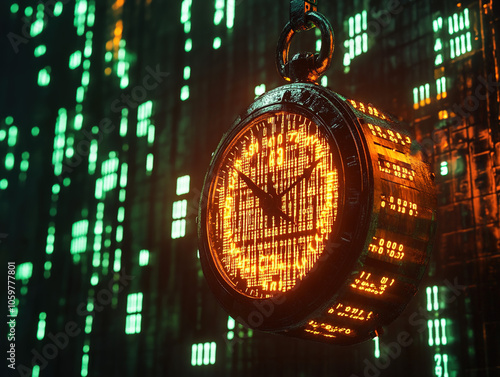 Futuristic pocket watch with glowing digital interface, hanging against a backdrop of green binary code, symbolizing time and technology. photo