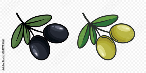 Flat Vector Green and Black Olives Outline Set. Hand-Drawn Olive Tree Berries Clipart. Olive Oil Products, Packaging, Food Design Template