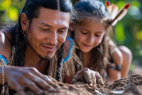 a Native American family working together to build a traditional earth lodge. photo