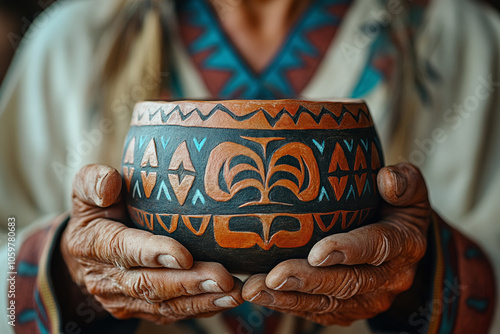 a Native American potter showcasing their work at an arts and crafts market. photo