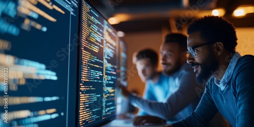 Three programmers work together, engrossed in code displayed on monitors, conveying teamwork, dedication, and the collaborative spirit inherent in programming endeavors. photo