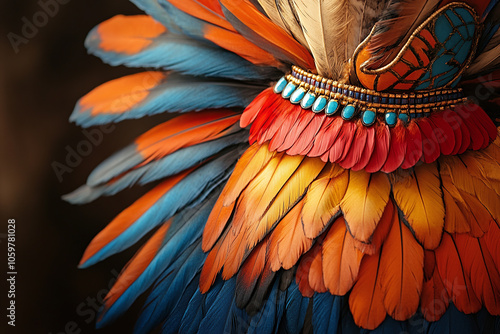 Aztec headdress adorned with colorful feathers. photo