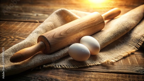 A wooden rolling pin rests on a rustic burlap cloth, with two white eggs beside it, ready for baking delights. photo