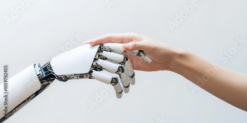 A robotic hand reaches out to softly touch a human hand against a plain background, illustrating the poignant interaction between artificial intelligence and humanity. photo