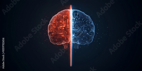 A digital brain image divides into two halves with contrasting red and blue colors, symbolizing duality and balance in thought and artificial intelligence.