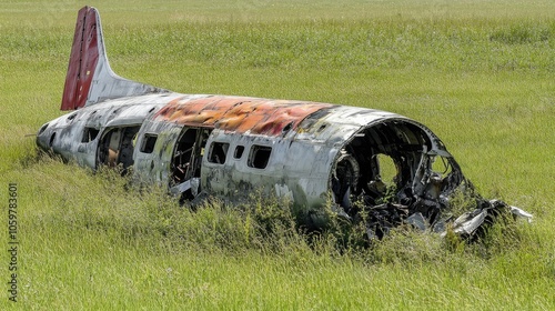 The remains of a crashed airplane in a grassy field, with parts of the aircraft damaged and scattered