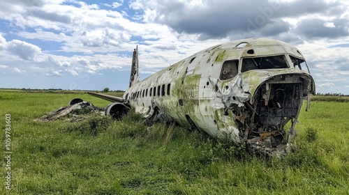 The remains of a crashed airplane in a grassy field, with parts of the aircraft damaged and scattered