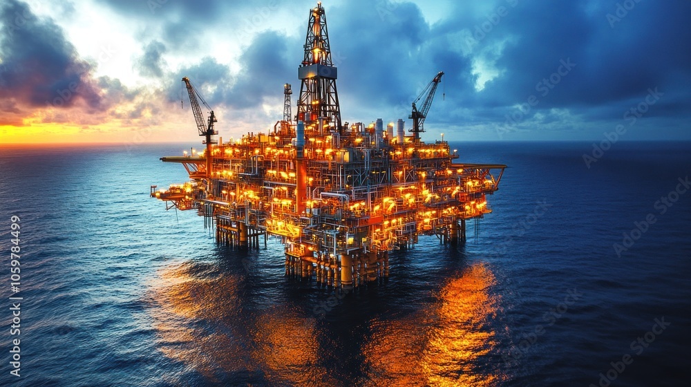 Fototapeta premium Illuminated Offshore Oil Rig Platform at Dusk