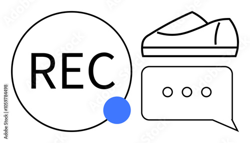 Large REC circle with blue dot, sneaker outline, and speech bubble containing three dots. Ideal for content creation, product review, live streaming, vlogging, tutorials, digital marketing, social