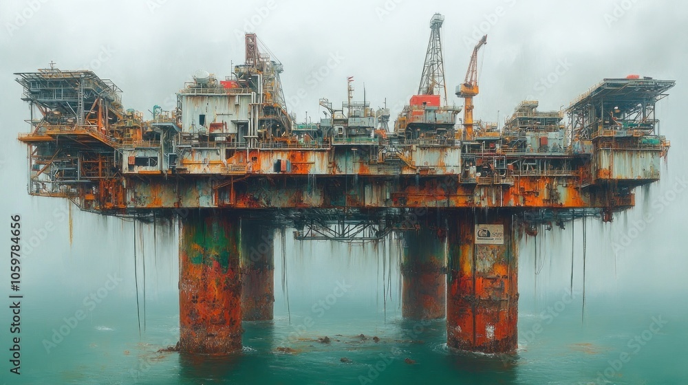 Fototapeta premium Rusty Oil Rig Platform in Foggy Sea