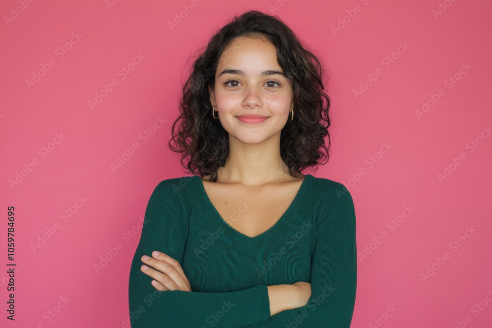 Obraz premium Woman smiling with arms crossed.