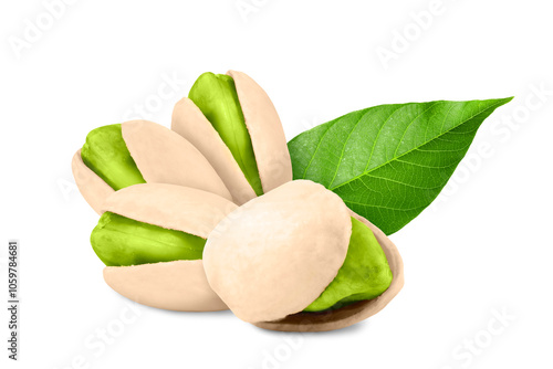 Wallpaper Mural Unshelled pistachios and green leaf on white background. Tasty nut Torontodigital.ca