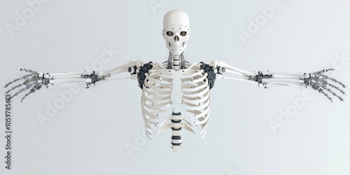 A robotic skeleton designed in a humanoid shape, arms outstretched, illustrating the intersection of technology with anatomical structure and future potential.
