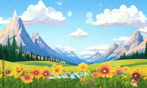 Animated Mountain Meadow with Flowers and Blue Sky, Beautiful Animated Background with Grass