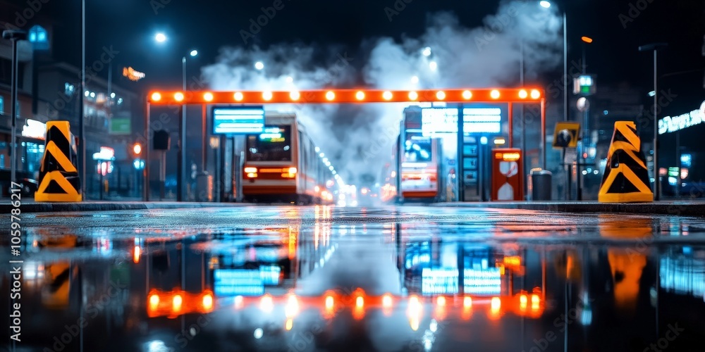 Fototapeta premium A vibrant nighttime urban scene featuring bright neon lights and reflections on wet pavement, capturing the essence of a bustling city environment.