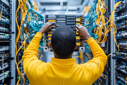 A technician wearing a yellow shirt manages colorful network cables in a server room, emphasizing the complexity and necessity of IT maintenance.