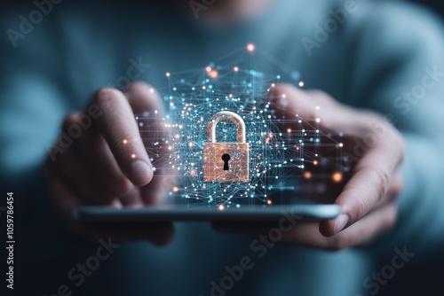 An image illustrating digital security and encryption concepts, featuring a padlock icon surrounded by network data and hands using smartphone technology. photo