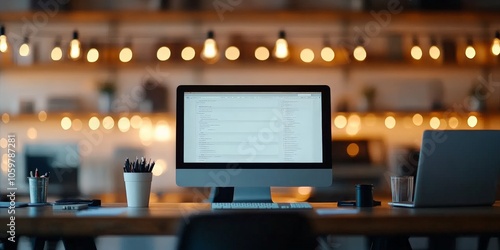 Wallpaper Mural An organized desk setup featuring a computer screen, pens, and warm lighting in a cozy office environment emphasizes productivity and modern workspaces. Torontodigital.ca