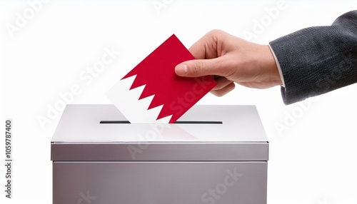 バーレーンの国旗の投票用紙を投票する手と投票箱。選挙。(Hand and ballot box voting a ballot paper with the Bahrain flag on it. election.)
 photo