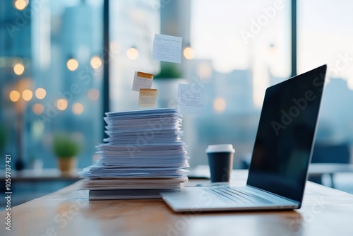 Wallpaper Mural Documents appear to float above a laptop on an office desk, illustrating digital transition and modern work environments in a sleek, tech-savvy setting. Torontodigital.ca