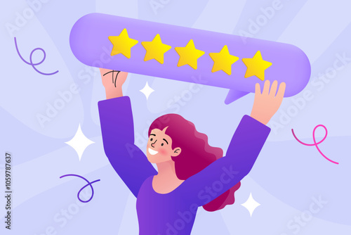 Customers leaving positive feedbacks to product. Ratings and review concept. Satisfaction level. User experience, recommendations, Survey. leaving comment with 5 stars rating. flat vector illustration