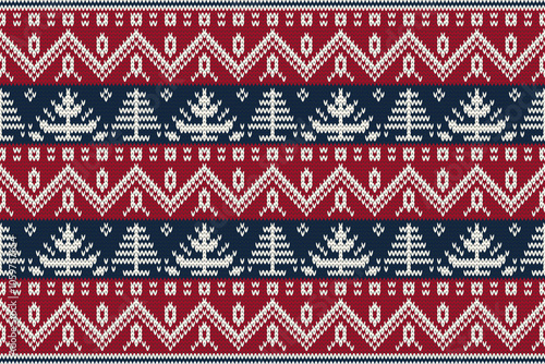 Knitting christmas tree seamless pattern geometric, snowman,ornament. Fabric Seamless pattern.Vector illustration. Ikat ethnic oriental embroidery,Aztec style,baroque.design for texture,clothing