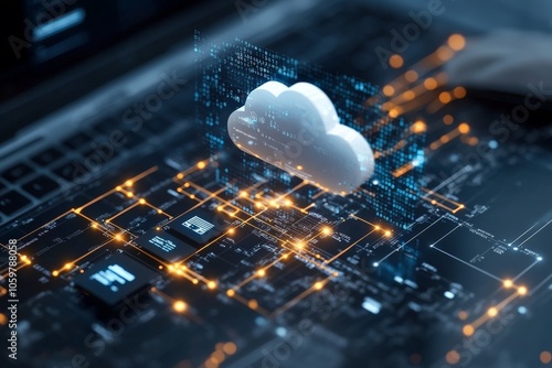 The image features a digital cloud hovering above a circuit board, symbolizing cloud computing, connectivity, and futuristic technology concepts advancing innovation. photo