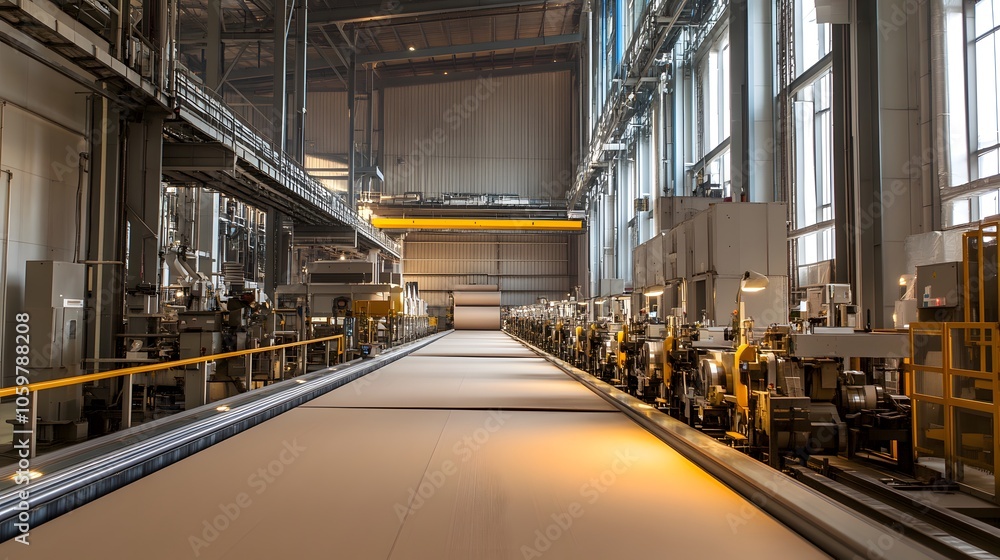 A modern paperboard plant with machinery producing long, continuous sheets of thick paperboard material for packaging. A modern paperboard plant with machinery producing long, continuous sheets of thick paperboard material for packaging.
