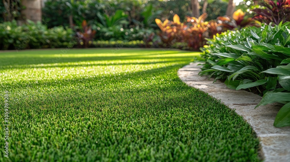 Obraz premium Lush Green Lawn with Curved Pathway in Garden Landscape