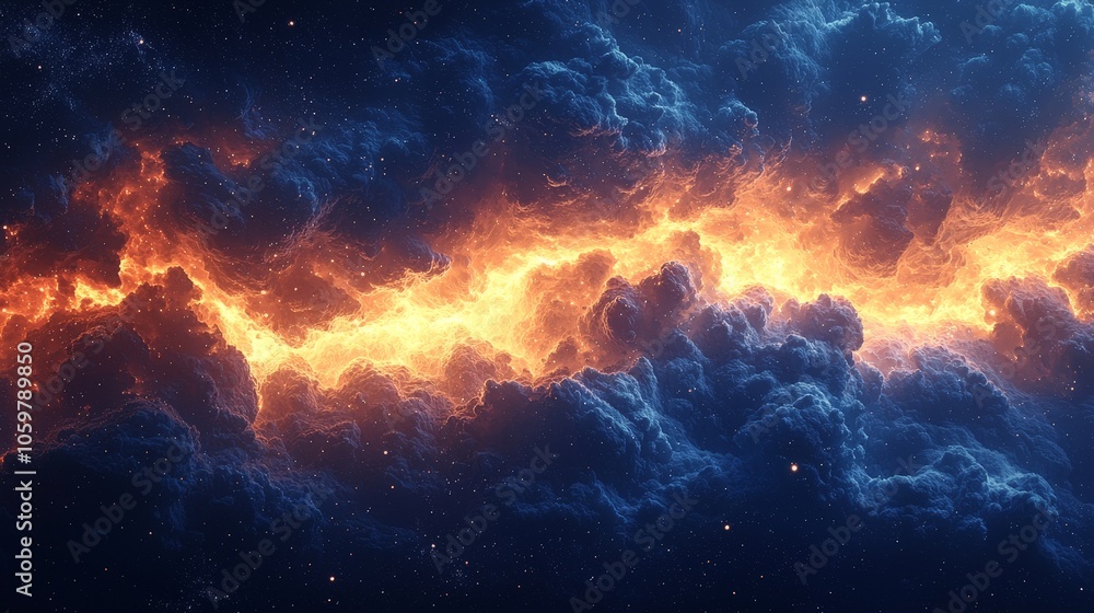 A vibrant cosmic scene depicting swirling clouds and fiery elements in deep space. A vibrant cosmic scene depicting swirling clouds and fiery elements in deep space.