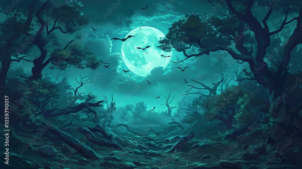 Fototapeta premium Eerie Enchantment: Haunted Halloween Forest Landscape Under a Full Moon