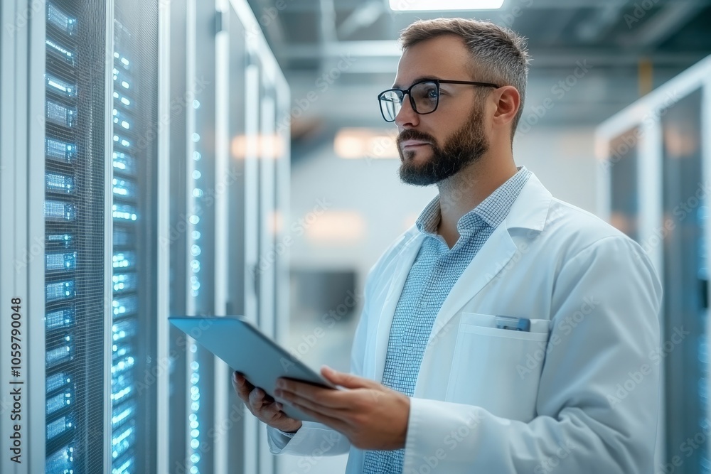Fototapeta premium A bearded man, wearing glasses and a lab coat, holds a digital tablet, attentively observing data in a modern, well-lit server room.