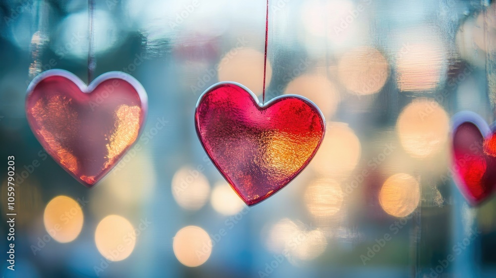 Obraz premium Colorful Heart Ornaments Against a Blurred Background