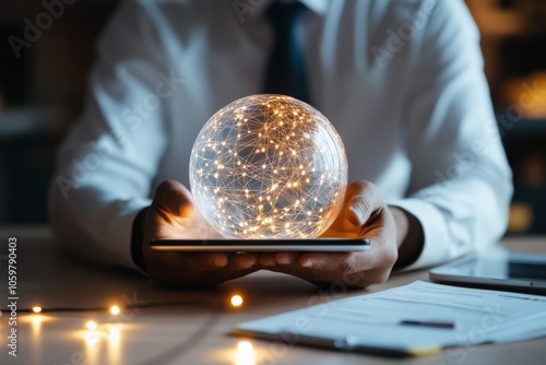 A spherical, glowing digital network emerges from a tablet, representing the seamless integration between modern technology and digital connectivity in today's world. photo